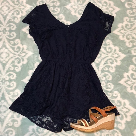 Abercrombie & Fitch Pants - A&F Navy Blue Lace V-neck Romper w/ Keyhole Back
